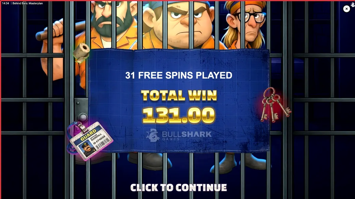 Visual estilizado e cartoon do slot Behind Bars Masterplan com os três personagens principais.