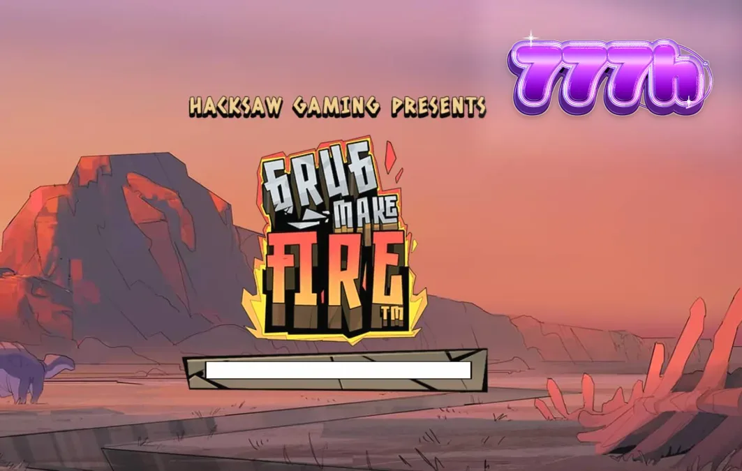 Grug, o homem das cavernas, em um cenário pré-histórico flamejante do slot Grug Make Fire.